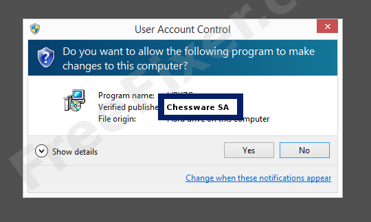 Screenshot where Chessware SA appears as the verified publisher in the UAC dialog